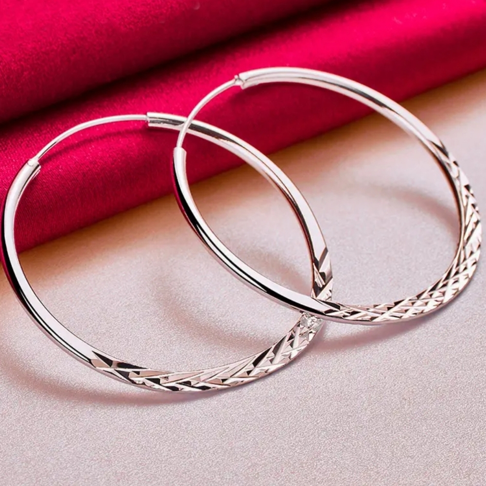Silver Twisted Hoop Earrings with Textured Design